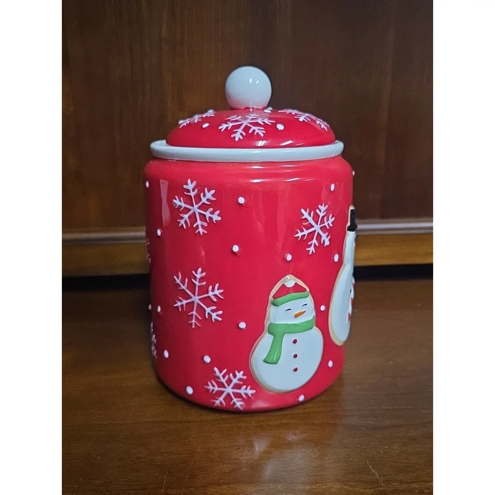 Red Christmas Cookie Jar‎ Hallmark Snowman Holiday Snowflake Candy Cane